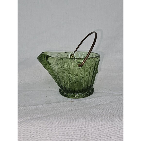 Vintage Green Ribbed Glass “Wash Bucket” Basket Metal Handle Mid-Century Decor - Picture 2 of 10